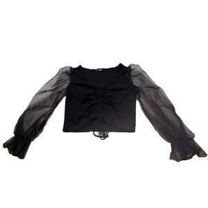 Black Ribbed Ruched Mesh Sleeve Crop Top SHEIN